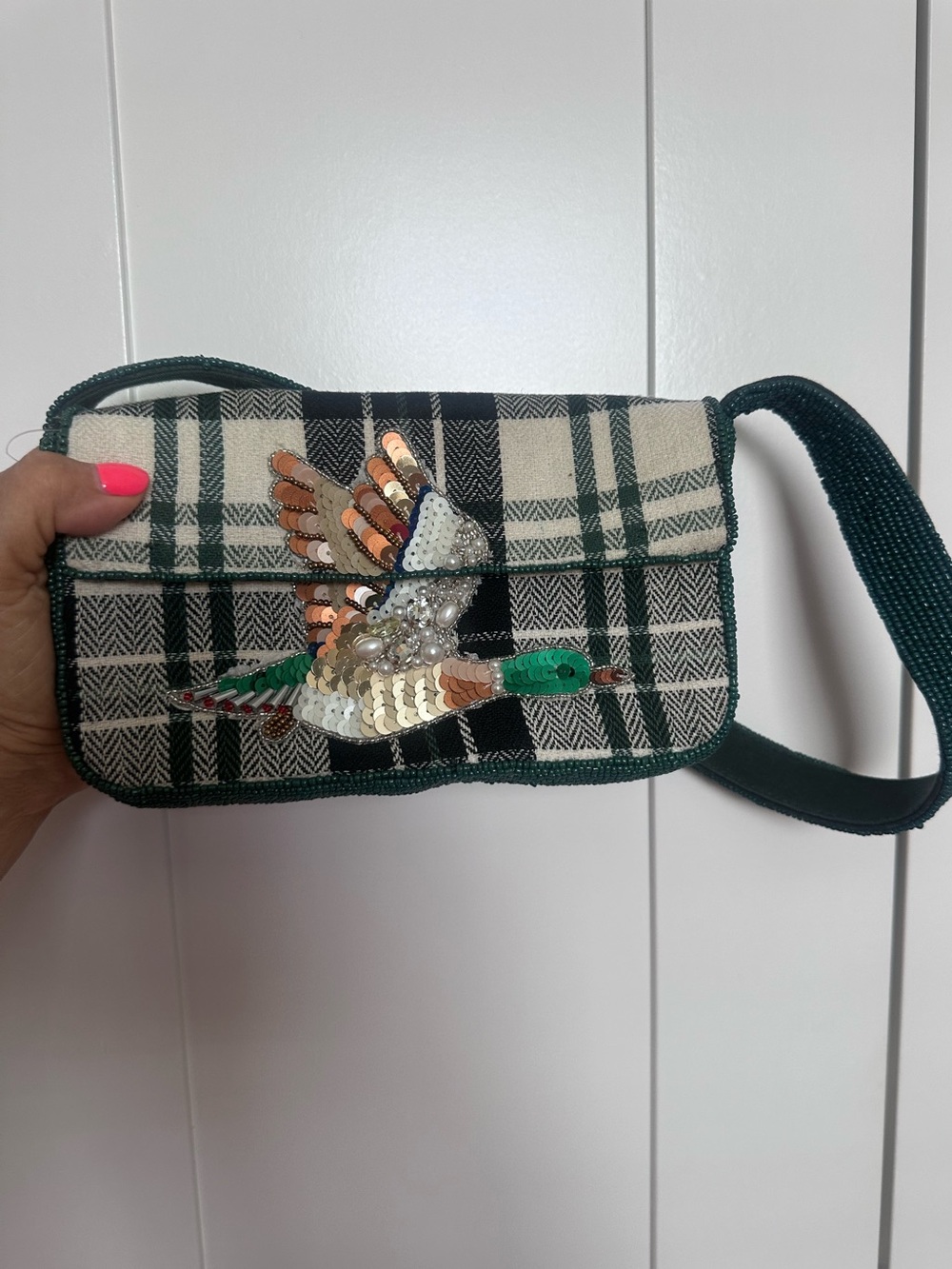Anthropologie Plaid Sequin Bird Shoulder Bag - Green, Cream, Brown, Silver Fall - Picture 8 of 8